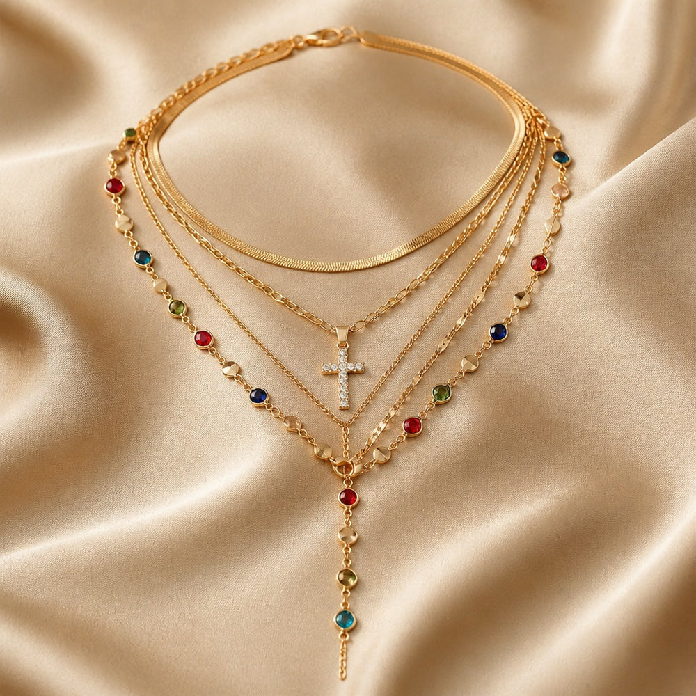 Parure de collier et boucles d'oreilles en or blanc avec pierres multicolores