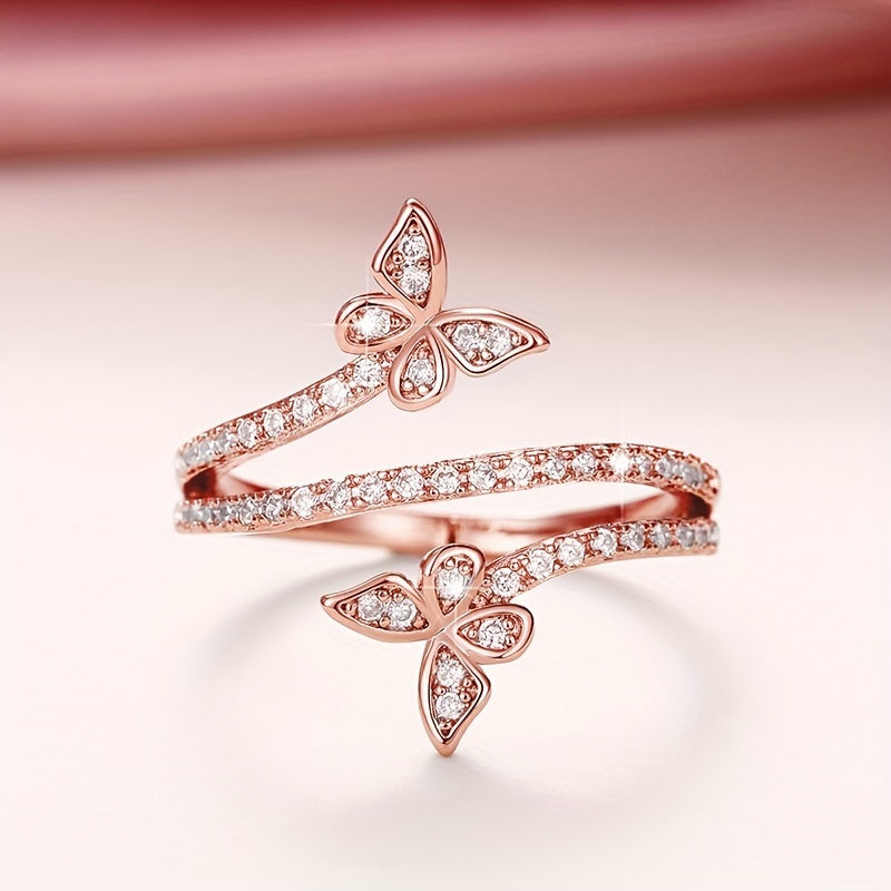 Bague avec Papillons et Zircones Encastrés en Or Blanc