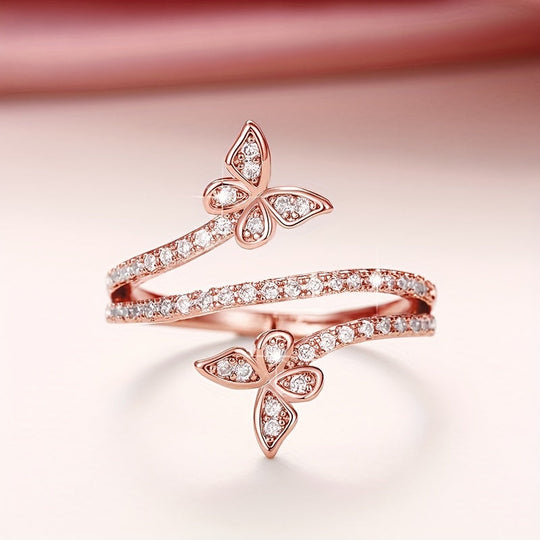 Bague avec Papillons et Zircones Encastrés en Or Blanc