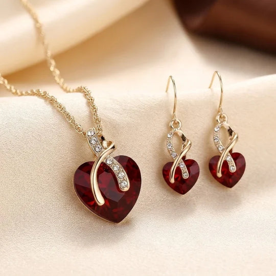 Ensemble de Bijoux Cœur Tordu en Or et Rubis