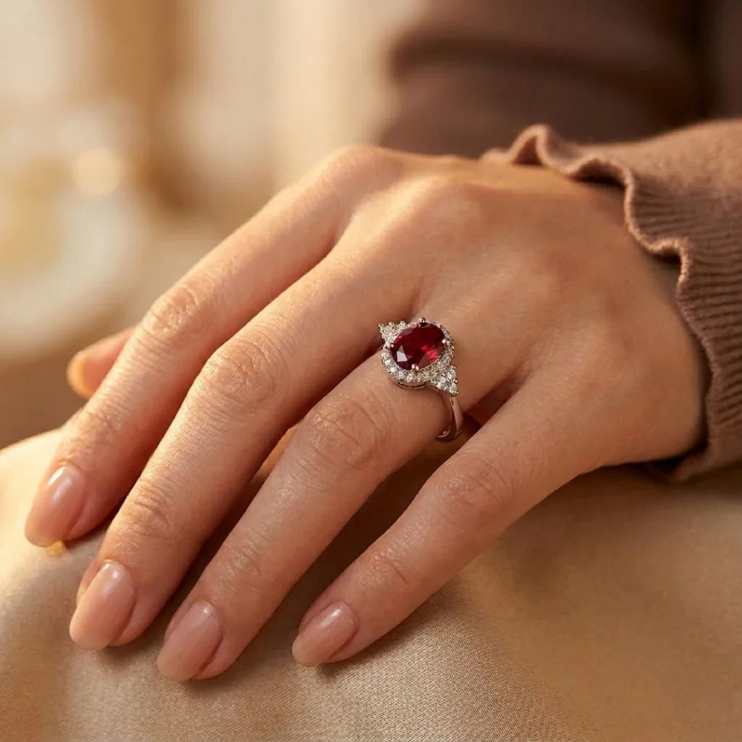 Bague Halo en Argent et Rubis