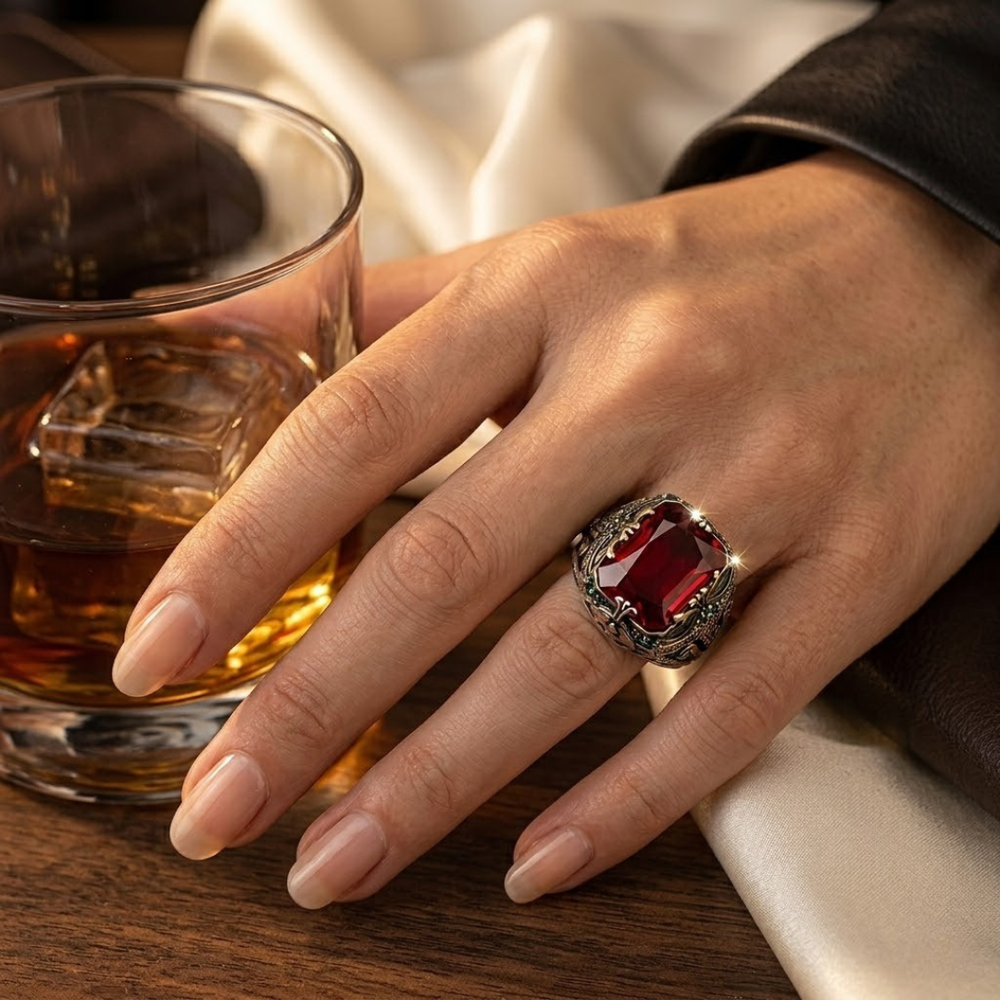 Bague Sceau Ornée en Argent et Rubis