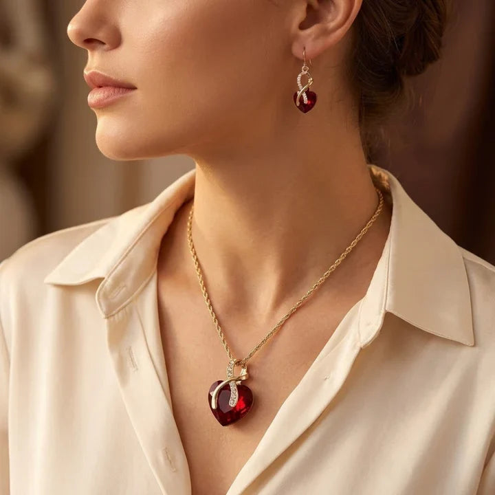 Ensemble de bijoux en cœur torsadé en or et rubis