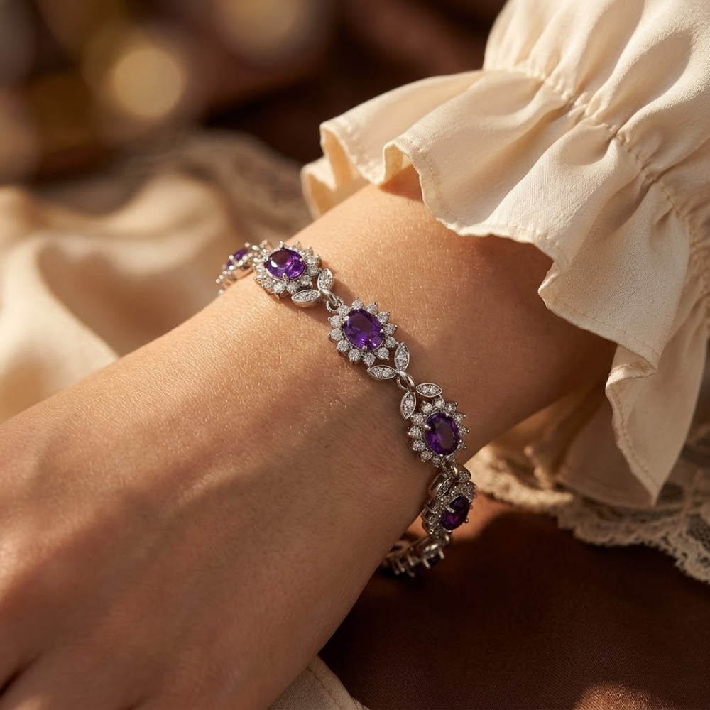 Bracelet Floral en Améthyste Argentée