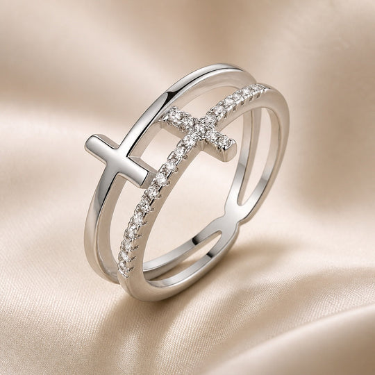 Doppio Strato : Bague en Or Blanc avec Croix en Zirconia
