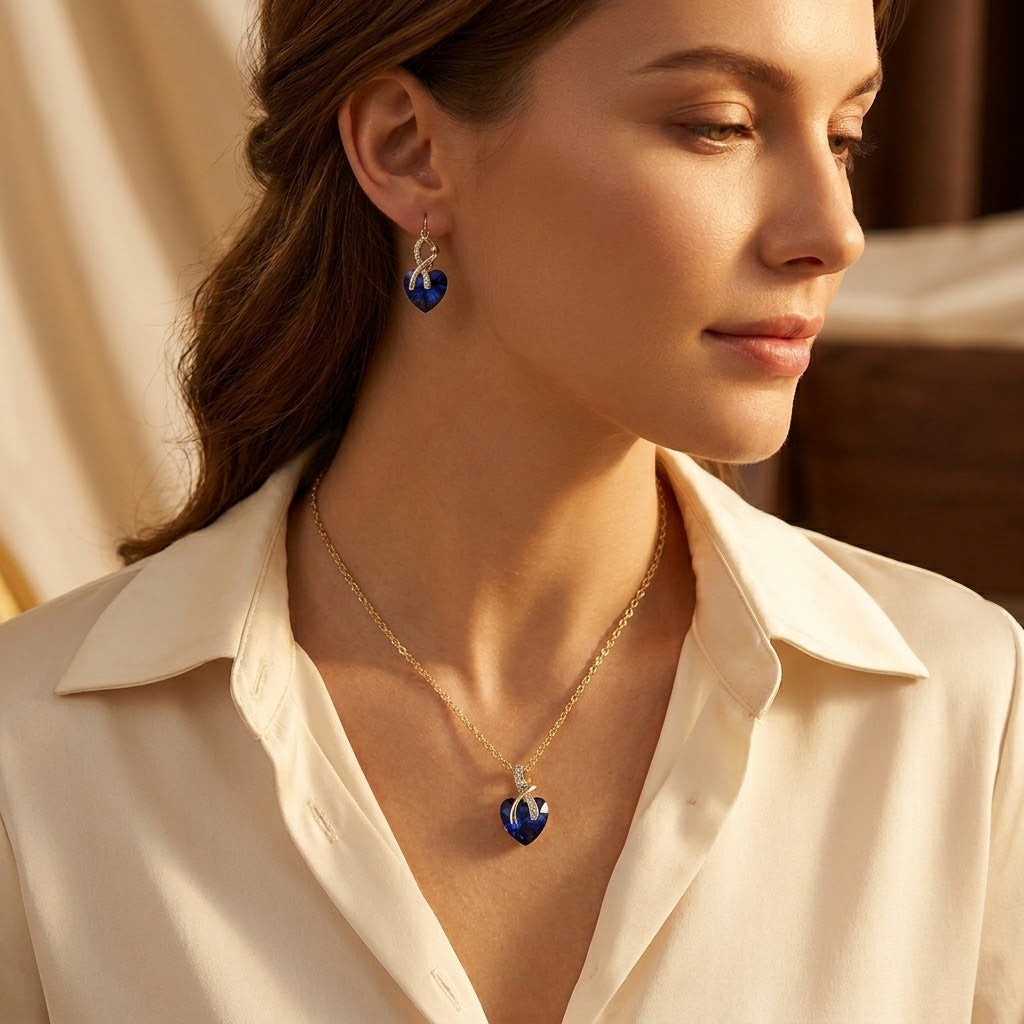 Collier et Boucles d'Oreilles en Saphir Doré en Forme de Cœur