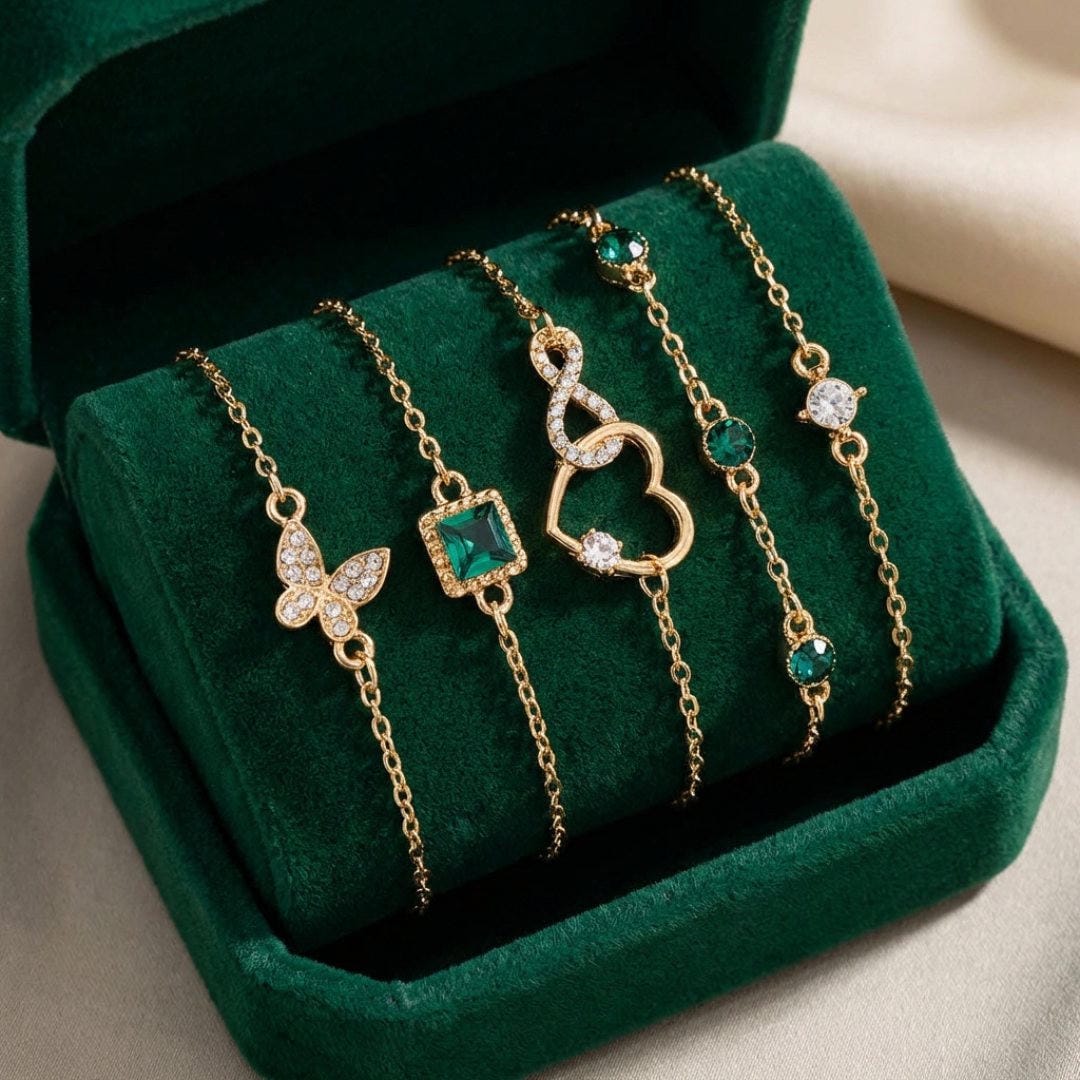 Bracelet Set en Pierre Cristal Verte Hallow Heart