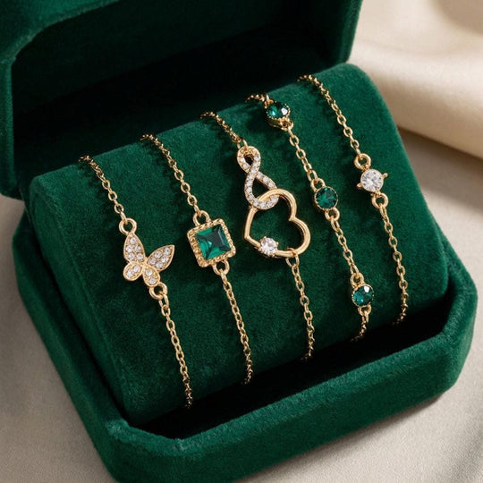 Bracelet Set en Pierre Cristal Verte Hallow Heart