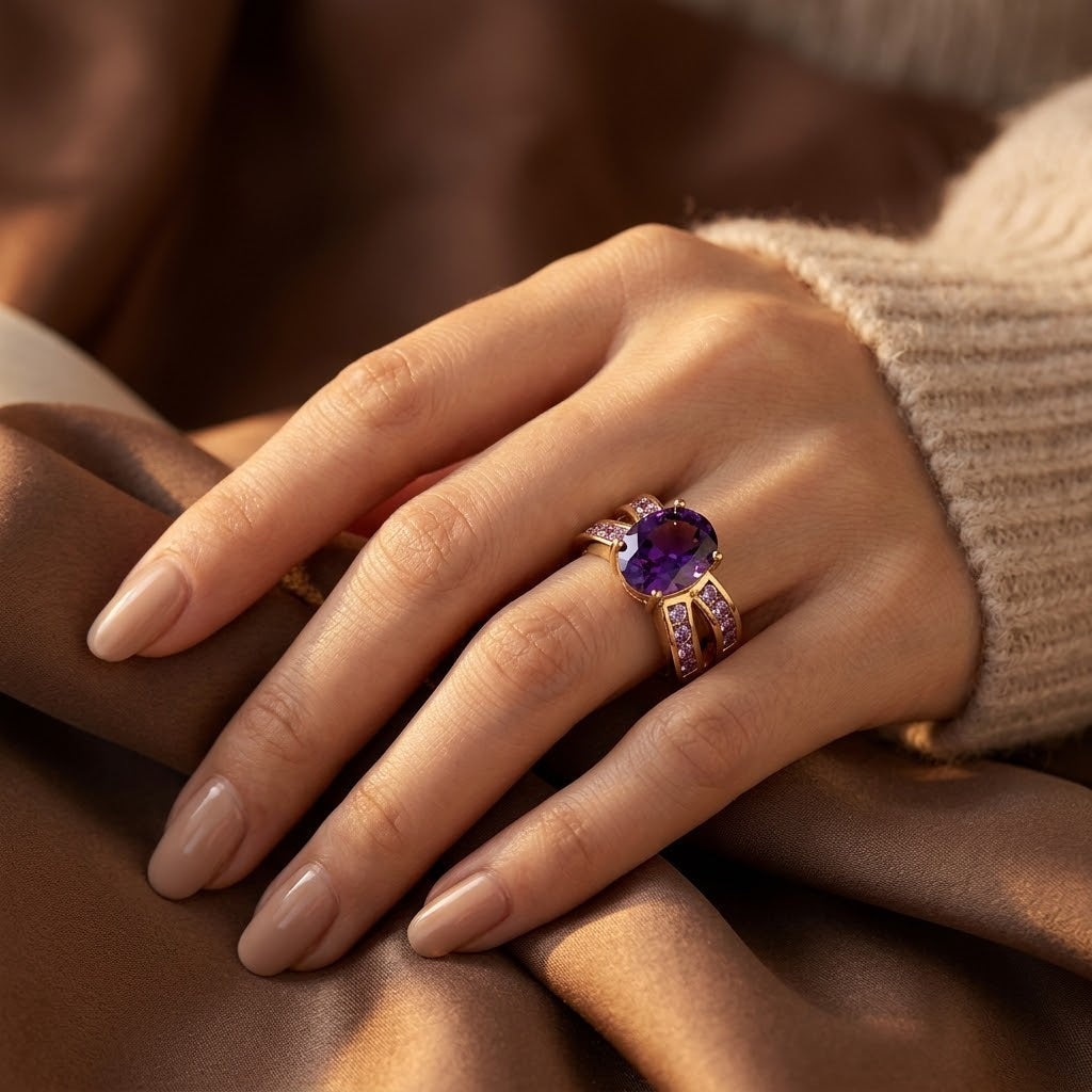 Bague à bande fendue en or et améthyste
