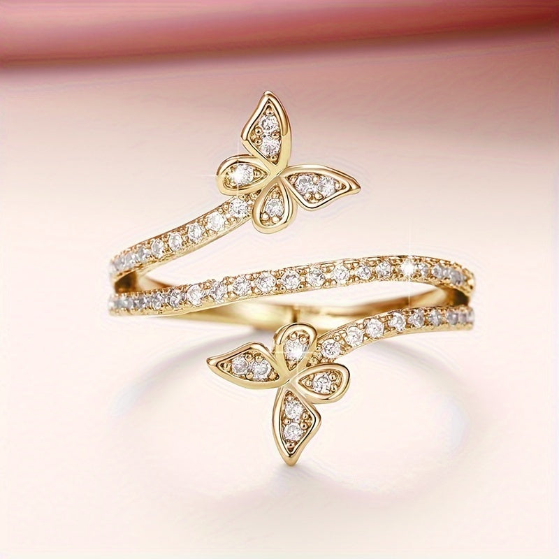 Bague avec Papillons et Zircones Encastrés en Or Blanc
