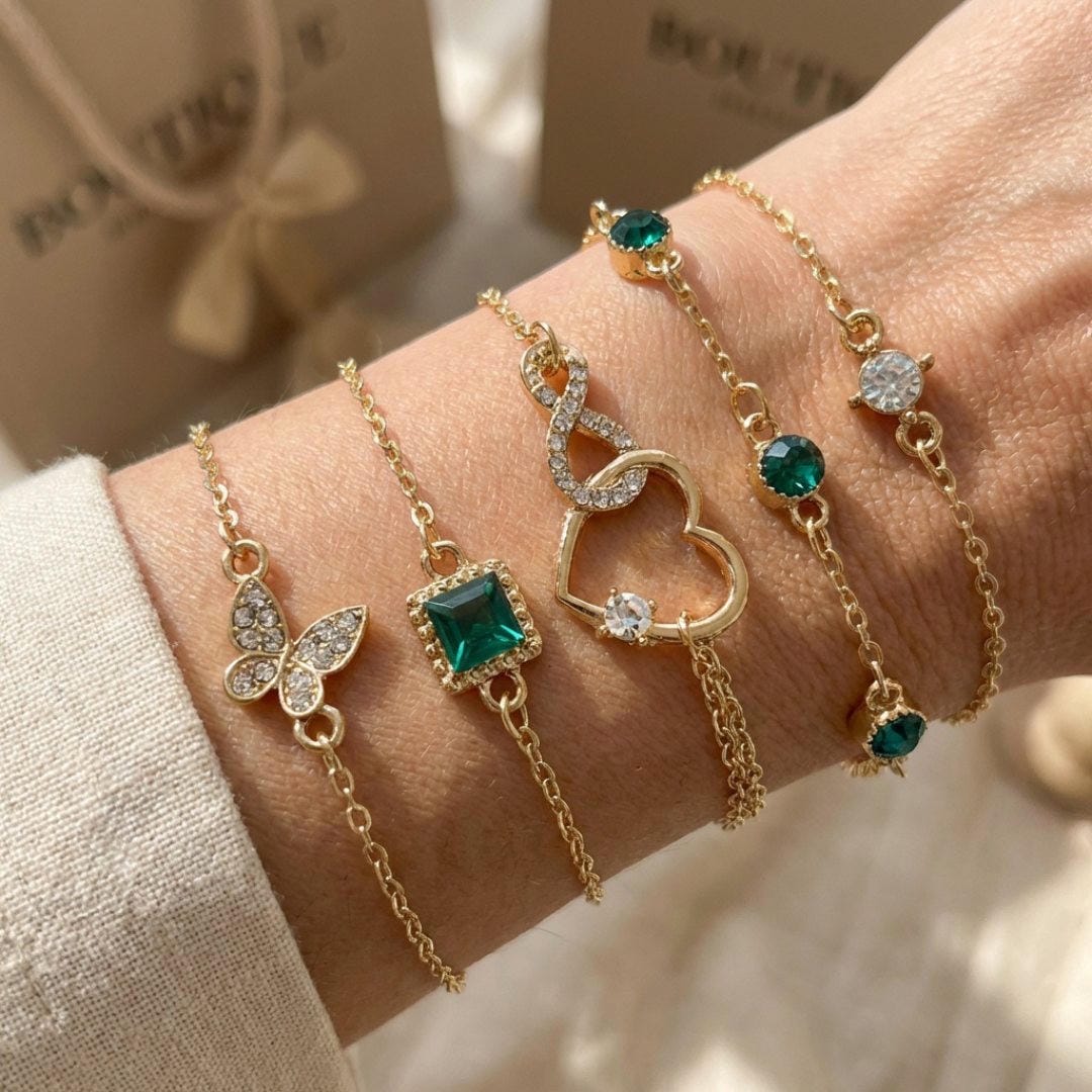 Bracelet Set en Pierre Cristal Verte Hallow Heart