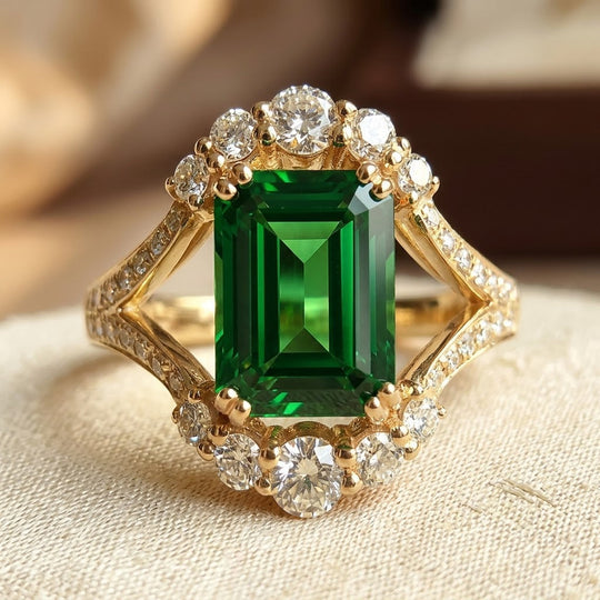 Bague Halo en Émeraude Dorée