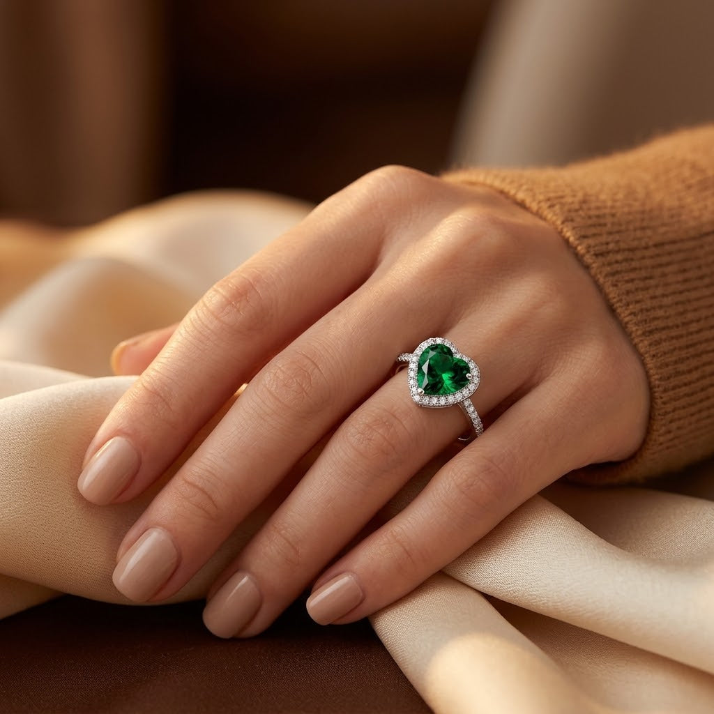 Bague Halo en Émeraude Argentée
