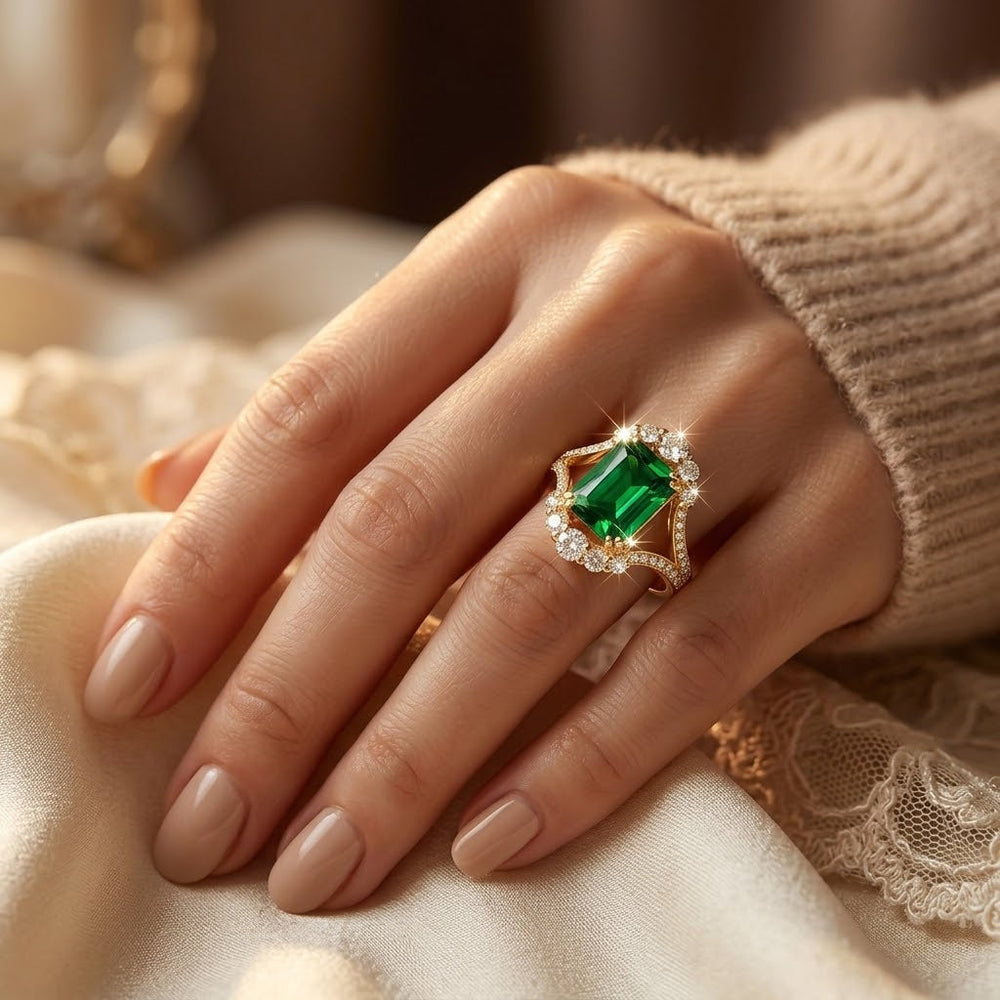Bague Halo en Émeraude Dorée