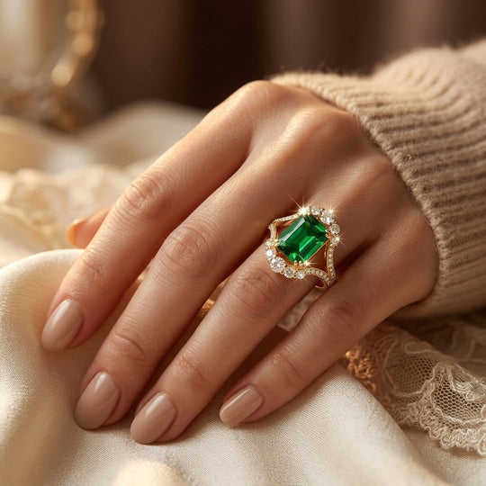 Bague Halo en Émeraude Dorée
