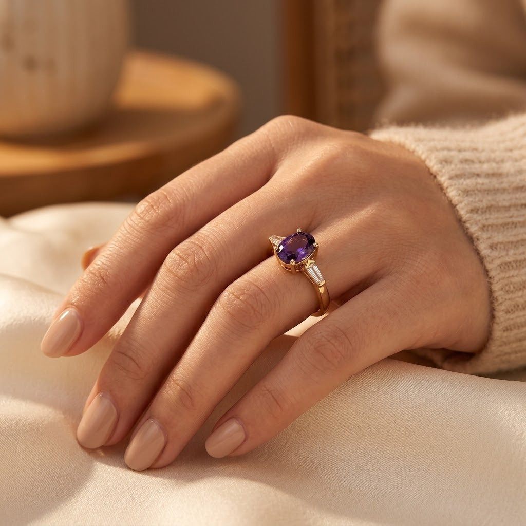Bague en Or avec Améthyste à Trois Pierres