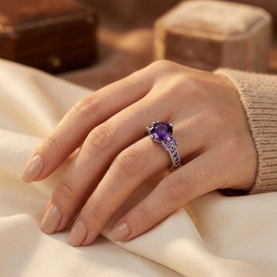 Bague en argent avec améthyste et pierres latérales