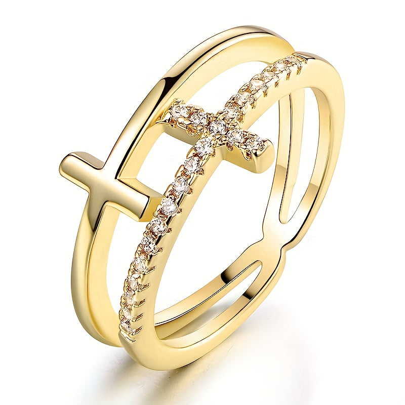 Doppio Strato : Bague en Or Blanc avec Croix en Zirconia