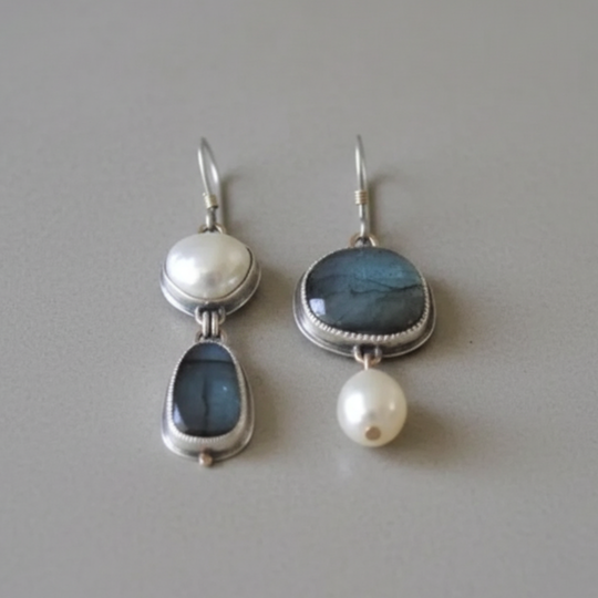Boucles d'oreilles Vintage en Pierre Bleue et Perle