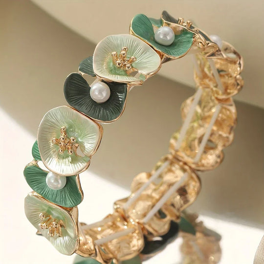 Bracelet Vintage avec Fleurs Vertes et Marguerites