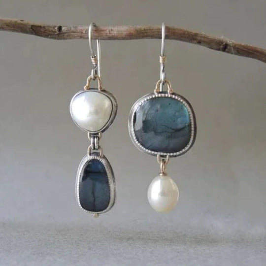 Boucles d'oreilles Vintage en Pierre Bleue et Perle