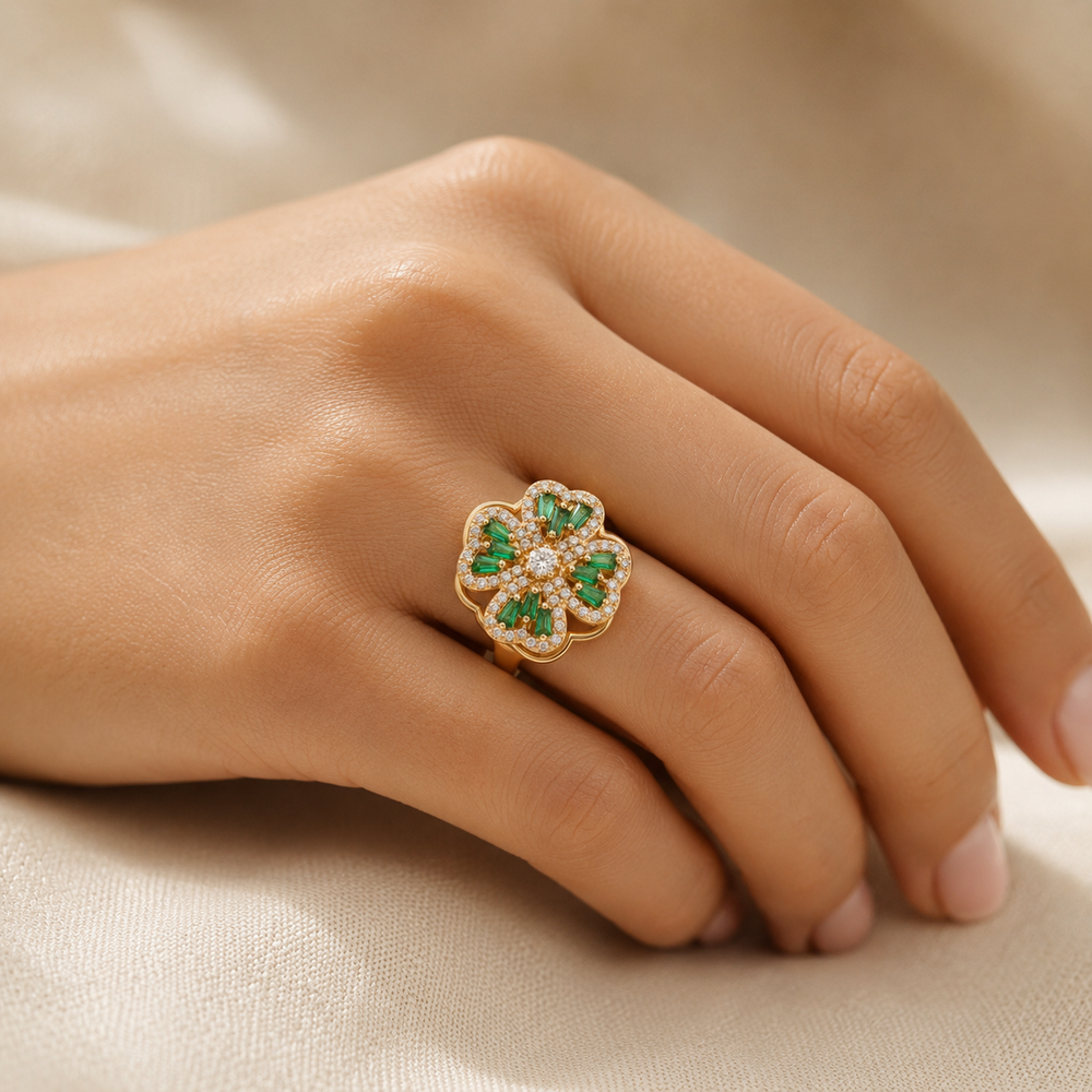 Bague Florale en Or Émeraude