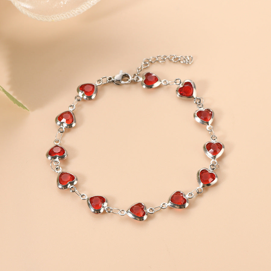 Bracelet en Chaîne en Argent et Rubis en Forme de Cœur