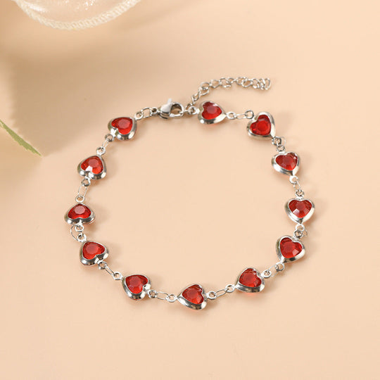 Bracelet en Chaîne en Argent et Rubis en Forme de Cœur