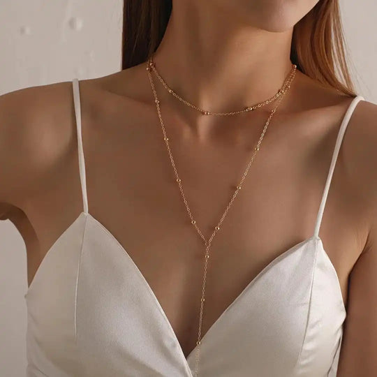 Collier en perles à franges longues en or à double couche