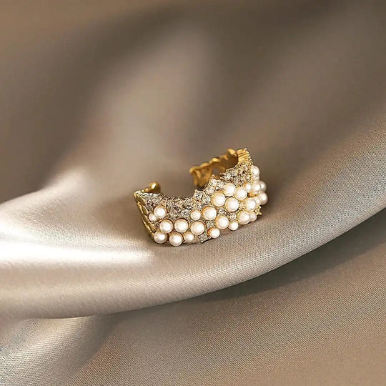 Bague Vintage Ajustable en Perle et Zirconia