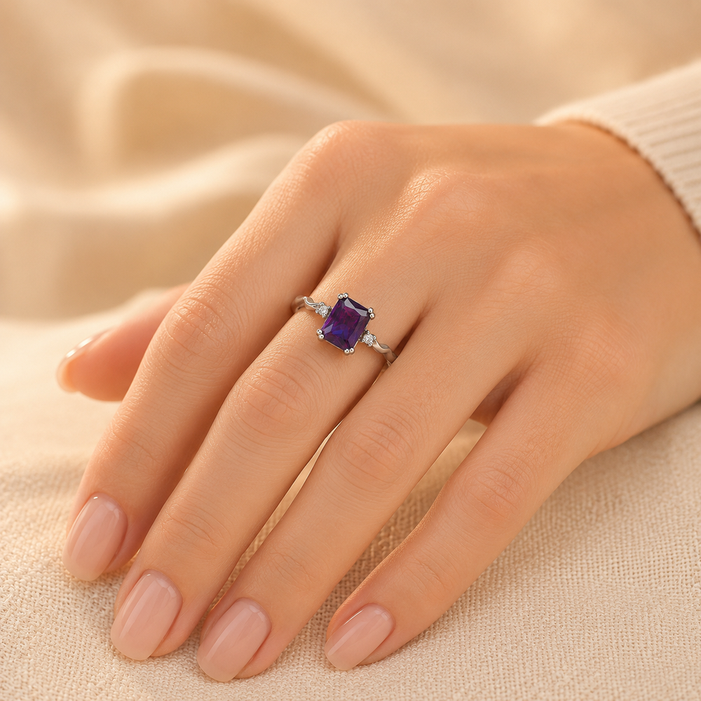 Bague en Argent Améthyste Taille Émeraude