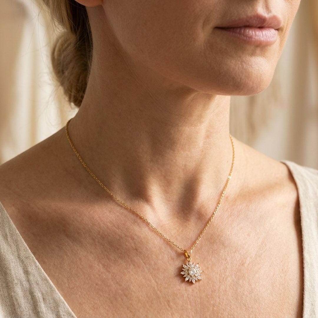 Ensemble de collier et boucles d'oreilles en zircon argenté tendance avec tournesol