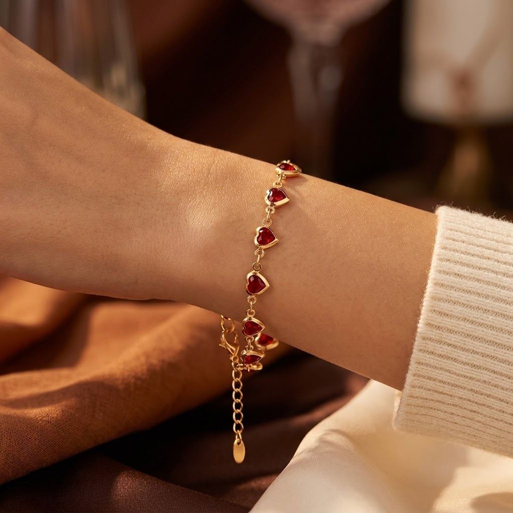 Bracelet Chaîne Cœur en Rubis Doré