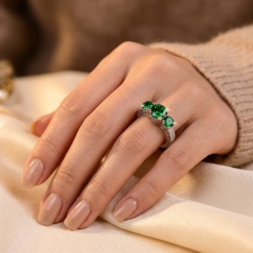 Bague Trois-Pierre Émeraude Argent