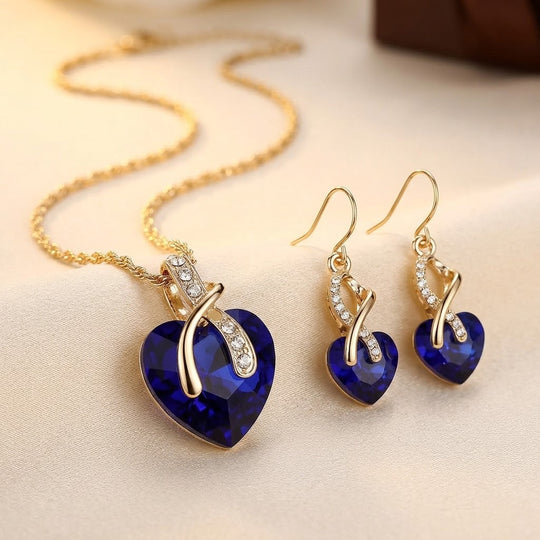 Collier et Boucles d'Oreilles en Saphir Doré en Forme de Cœur