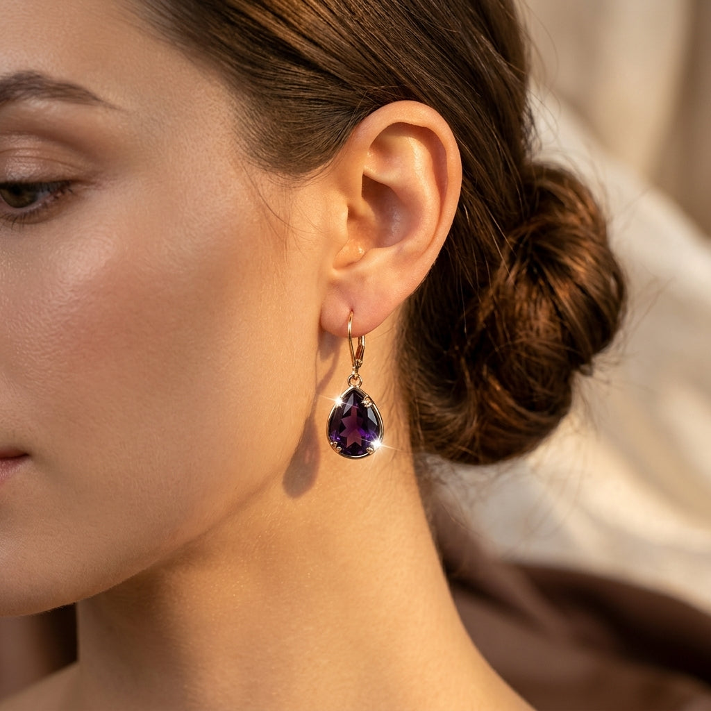Boucles d'oreilles en or avec goutte d'améthyste