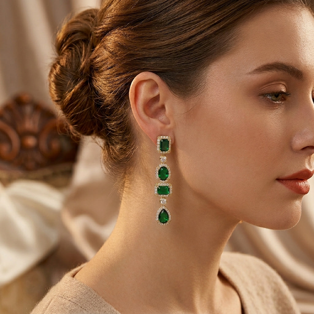 Boucles d'oreilles pendantes multi-formes en or et émeraude