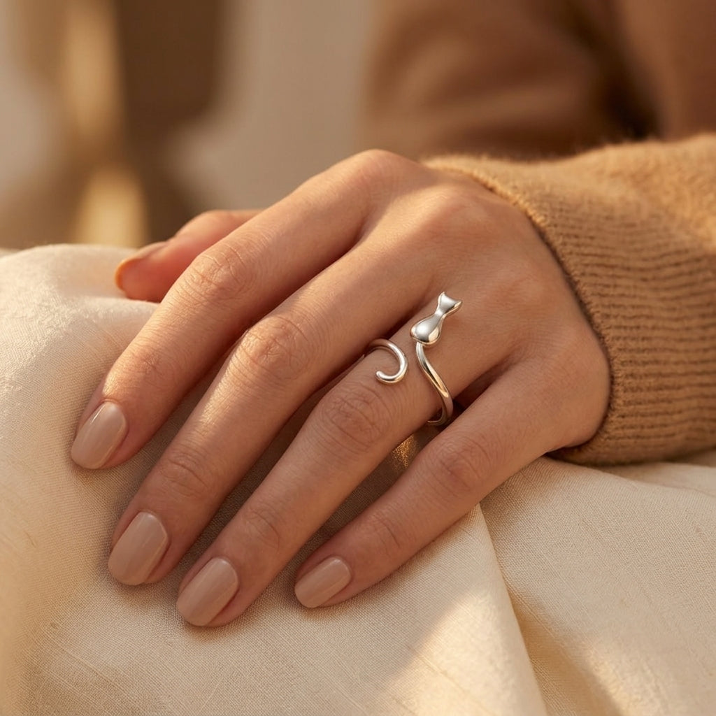 Bague Motif Chat Argenté