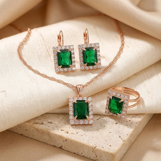 Ensemble de Bijoux Rectangulaire en Or et Émeraude