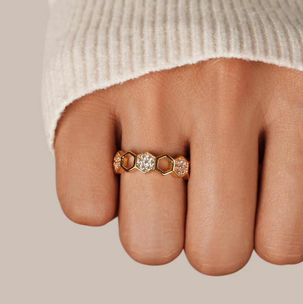 Bague en Or & Cristal en Forme de Rayon de Miel