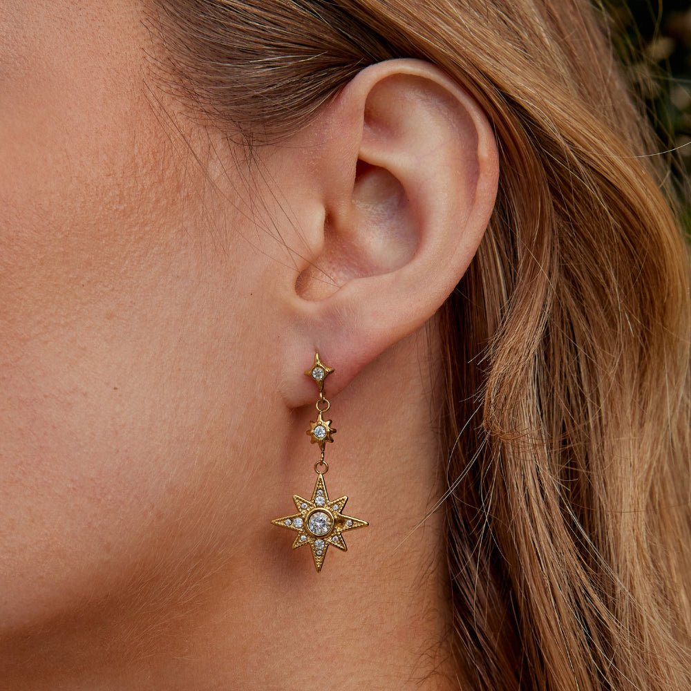 Boucles d'Oreilles Cristal Lune et Étoile en Or