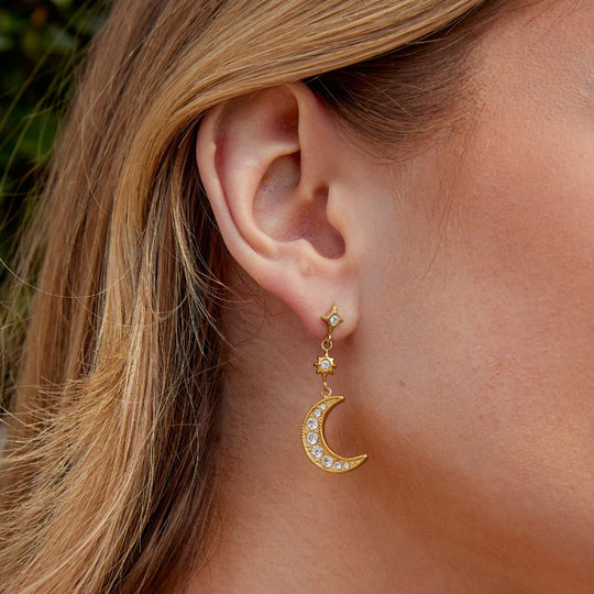 Boucles d'Oreilles Cristal Lune et Étoile en Or