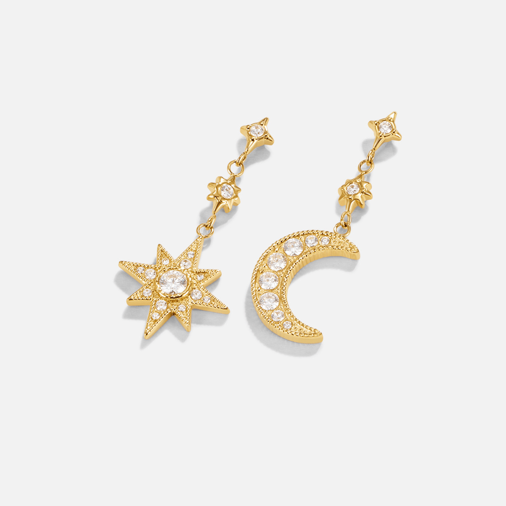 Boucles d'Oreilles Cristal Lune et Étoile en Or