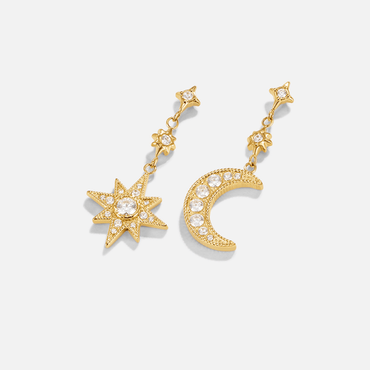 Boucles d'Oreilles Cristal Lune et Étoile en Or