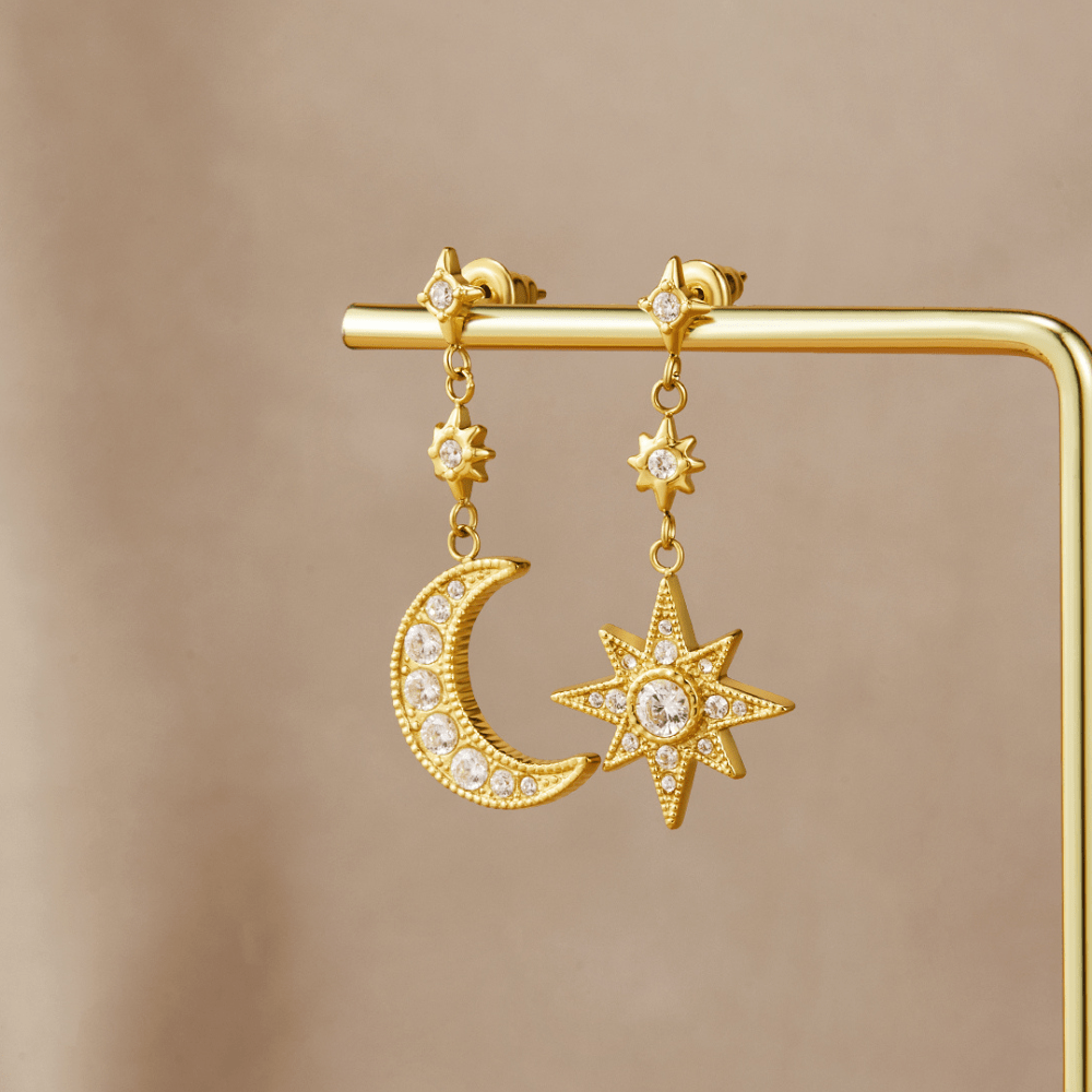 Boucles d'Oreilles Cristal Lune et Étoile en Or