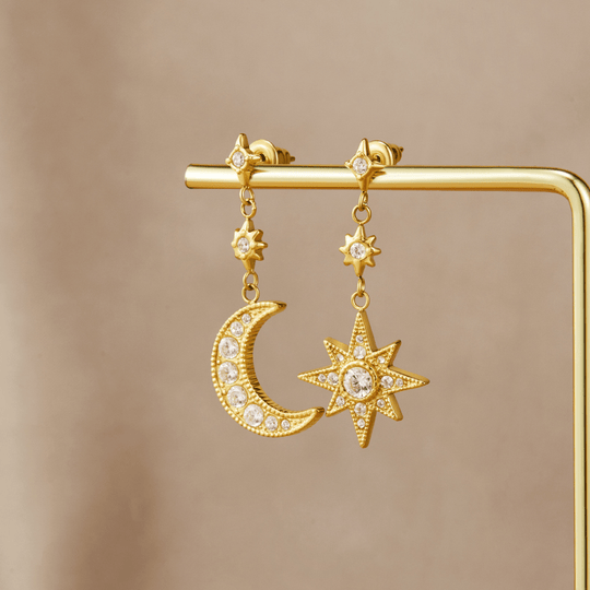 Boucles d'Oreilles Cristal Lune et Étoile en Or