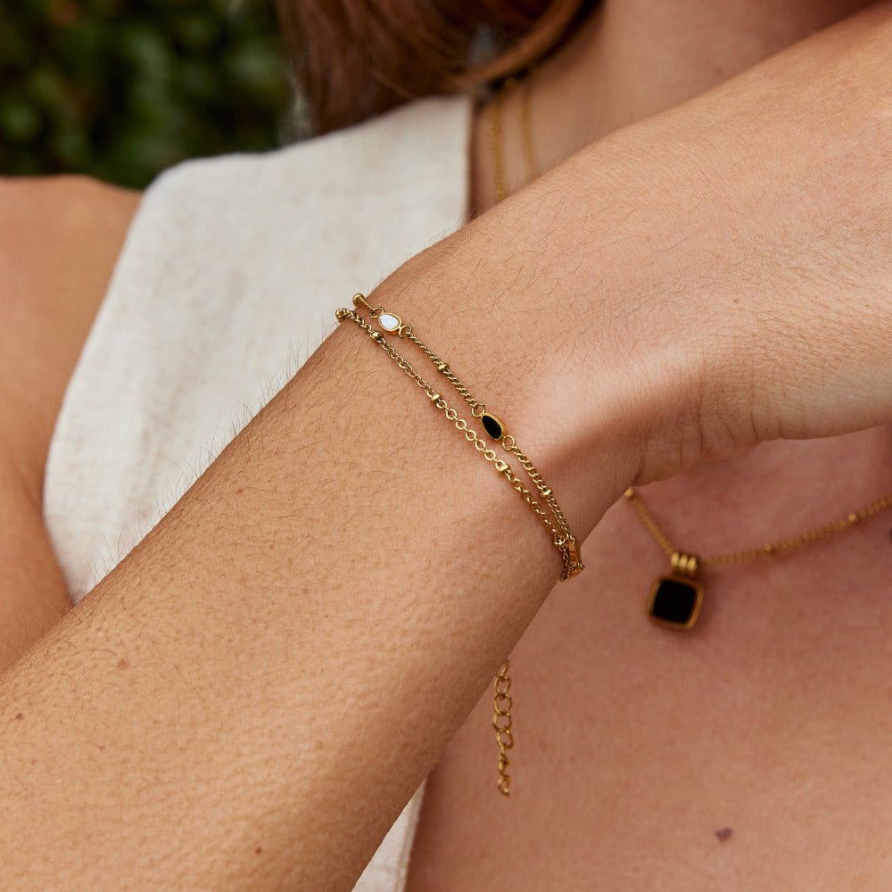 Bracelet en Pierre Noir & Blanc Superposé