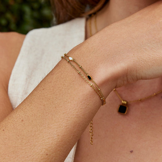 Bracelet en Pierre Noir & Blanc Superposé