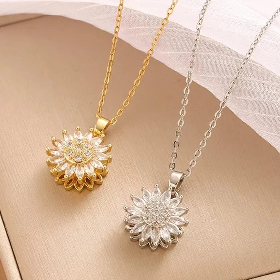 Ensemble de collier et boucles d'oreilles en zircon argenté tendance avec tournesol