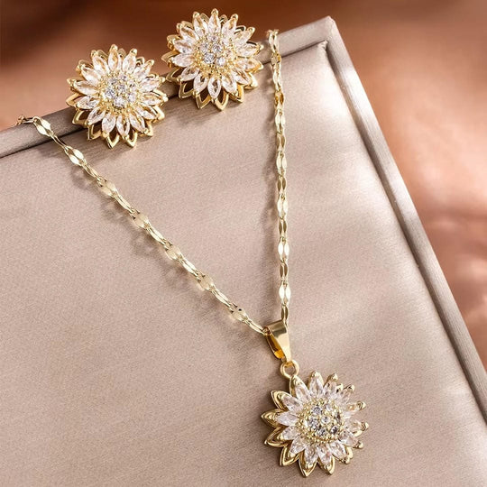 Ensemble de collier et boucles d'oreilles en zircon argenté tendance avec tournesol